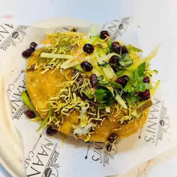 A crispy Indian chaat with green chutney, sev, pomegranate seeds, and cilantro on Naani's Cafe branded paper.
